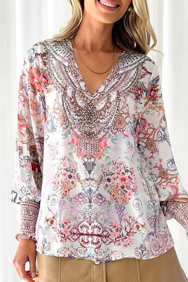 Elegant Print V Neck Blouses