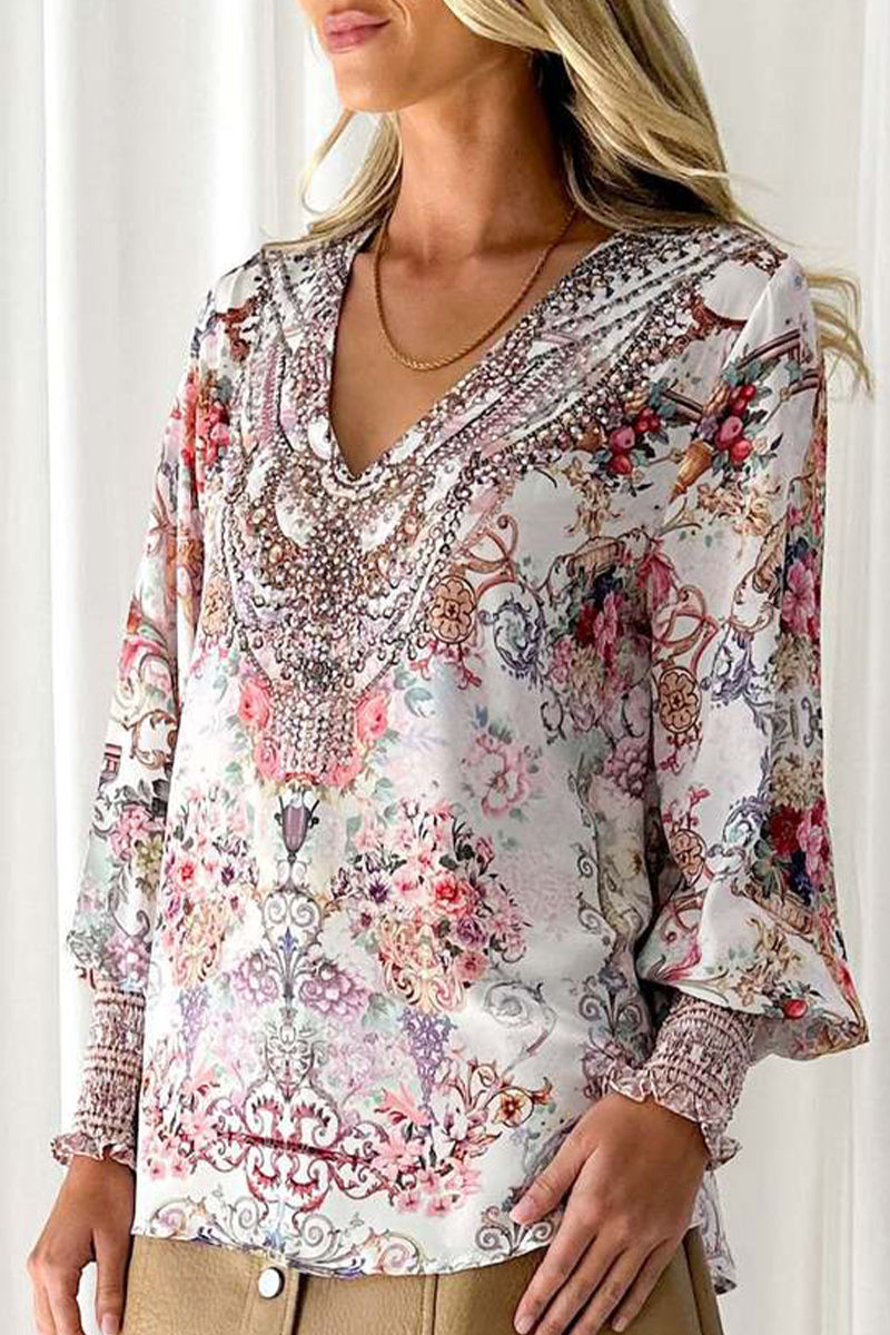 Elegant Print V Neck Blouses