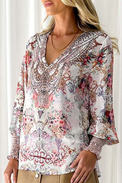 Elegant Print V Neck Blouses