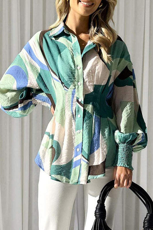 Casual Print Fold Turndown Collar Tops Green