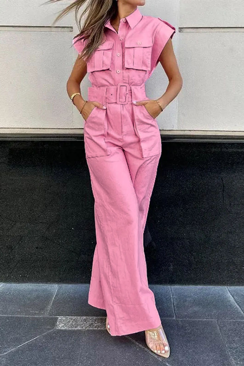 Casual Solid Pocket Turndown Collar Straight Jumpsuits Pink