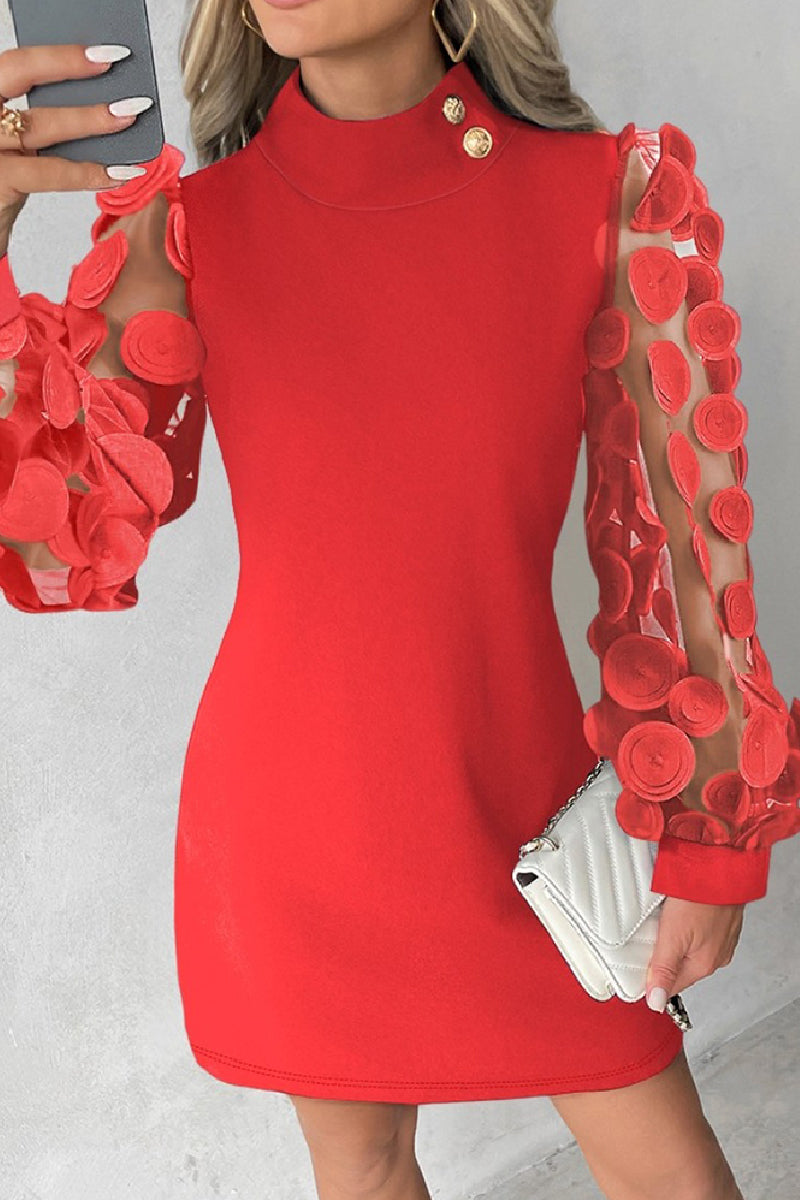 Casual Patchwork Hollowed Out Sequins Half A Turtleneck Long Sleeve Dresses Red