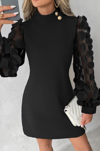 Casual Patchwork Hollowed Out Sequins Half A Turtleneck Long Sleeve Dresses Pure Black