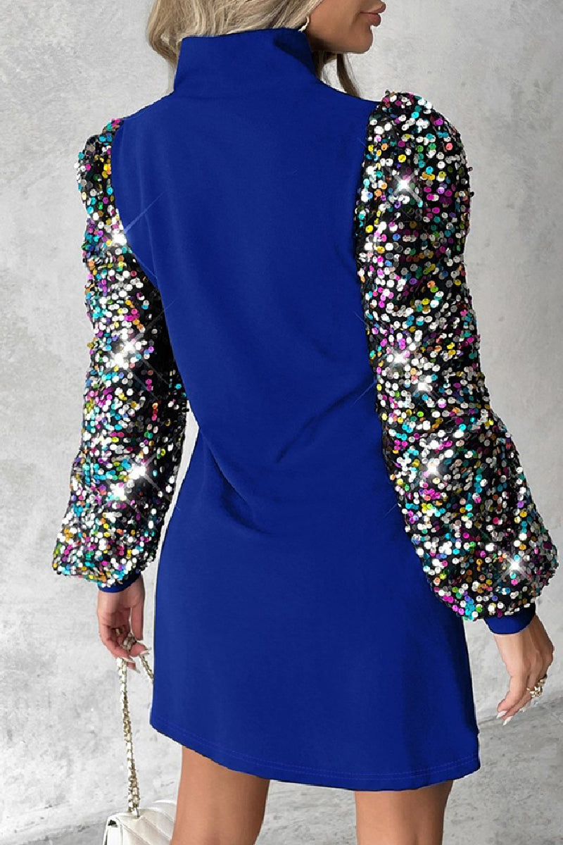 Casual Patchwork Hollowed Out Sequins Half A Turtleneck Long Sleeve Dresses