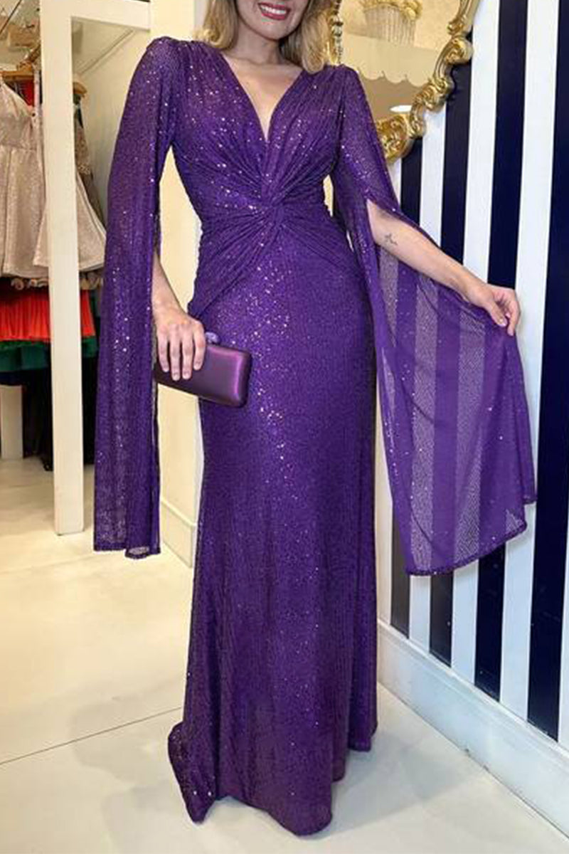 Sexy Formal Solid Sequins Fold V Neck A Line Dresses Purple