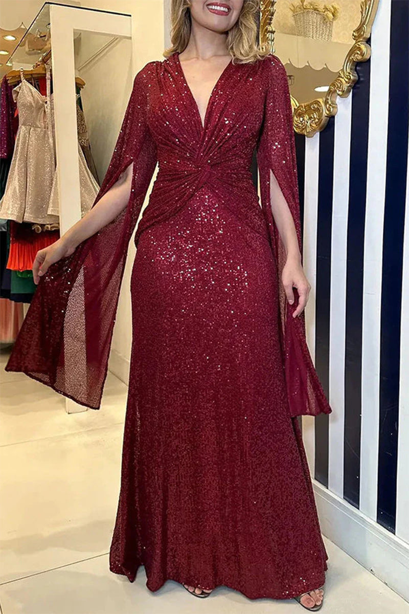 Sexy Formal Solid Sequins Fold V Neck A Line Dresses Burgundy