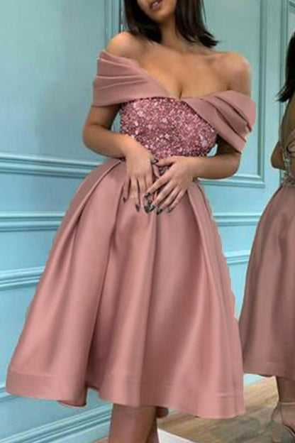 Sexy Formal Solid Sequins Off the Shoulder Princess Dresses Pink