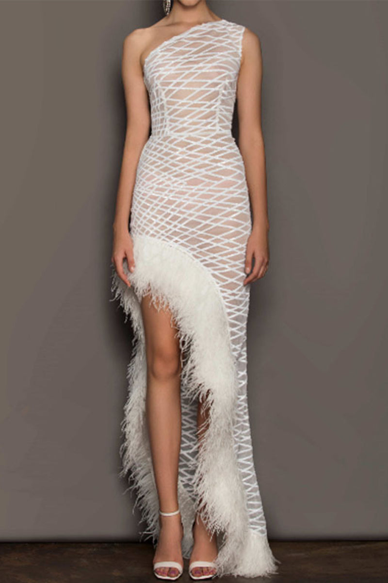 Sexy Party Solid See-through Feathers Oblique Collar Irregular Dress Dresses White