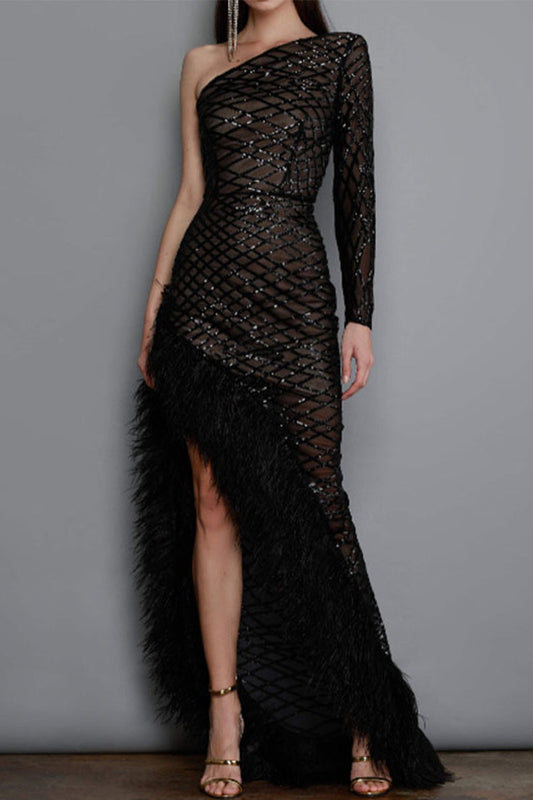 Sexy Party Solid See-through Feathers Oblique Collar Irregular Dress Dresses Black