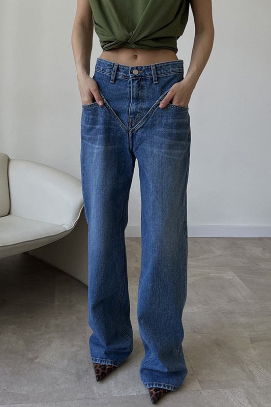 Casual Vintage Solid Patchwork High Waist Denim Jeans Blue