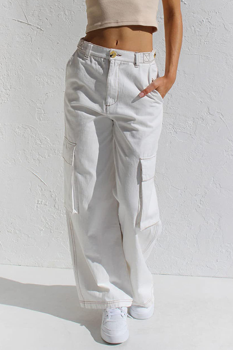 Casual Simplicity Solid Pocket Loose Low Waist Straight Solid Color Bottoms White