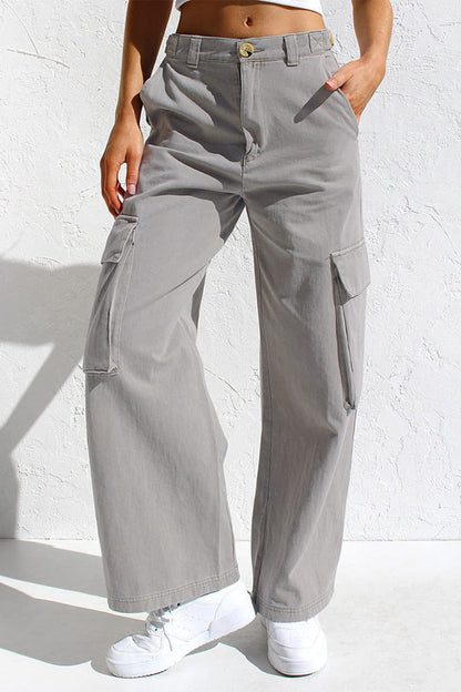 Casual Simplicity Solid Pocket Loose Low Waist Straight Solid Color Bottoms Light Gray