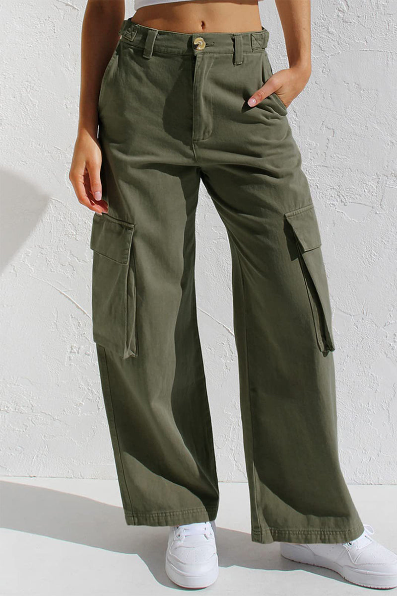 Casual Simplicity Solid Pocket Loose Low Waist Straight Solid Color Bottoms Green