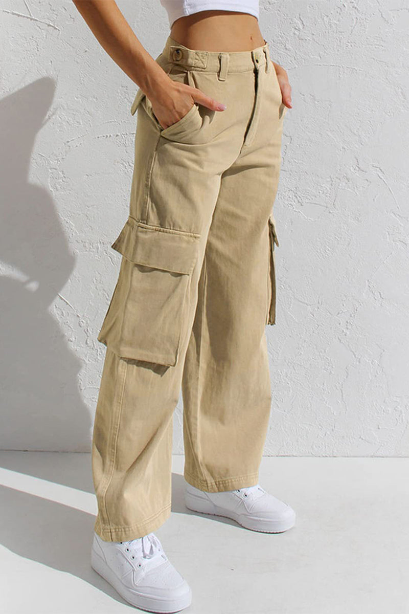 Casual Simplicity Solid Pocket Loose Low Waist Straight Solid Color Bottoms Khaki