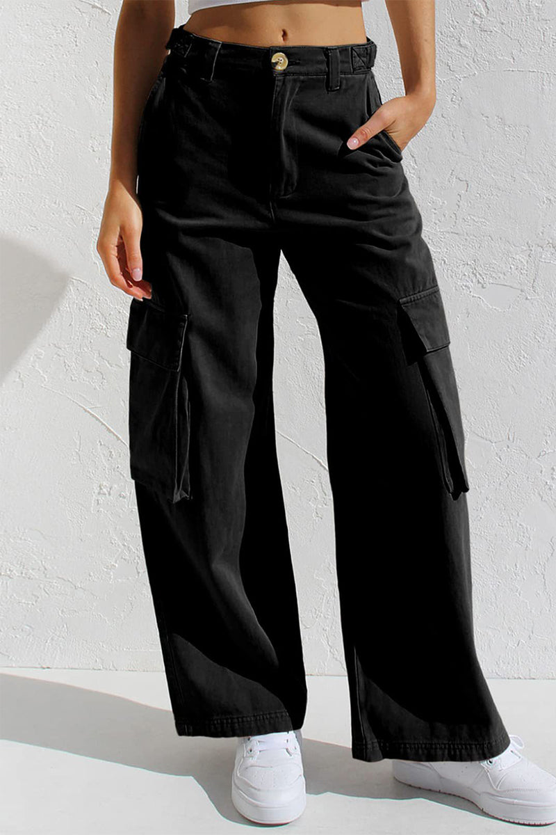 Casual Simplicity Solid Pocket Loose Low Waist Straight Solid Color Bottoms Black