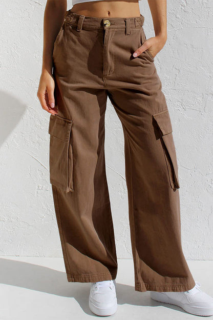 Casual Simplicity Solid Pocket Loose Low Waist Straight Solid Color Bottoms Coffee