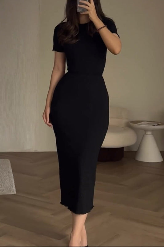 Casual Simplicity Solid Bandage O Neck Short Sleeve Dress Black