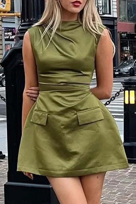 Street Simplicity Solid Fold O Neck Sleeveless Dress Dresses Green