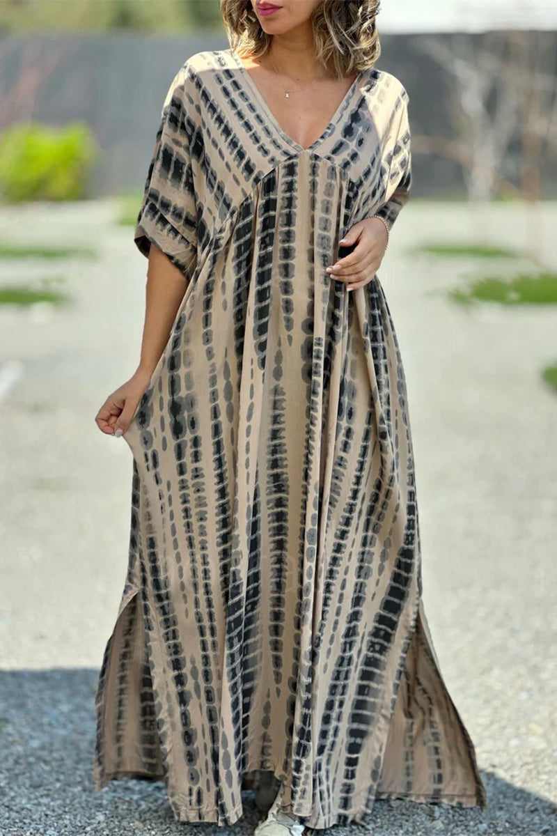 Casual Vintage Geometric Print Slit V Neck A Line Dresses Khaki