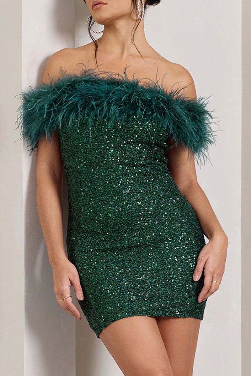 Sexy Solid Sequins Feathers Off the Shoulder Wrapped Skirt Dresses Ink Green