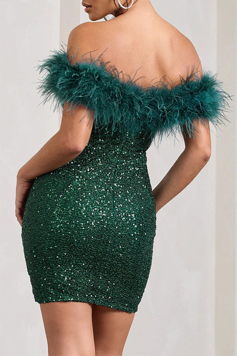 Sexy Solid Sequins Feathers Off the Shoulder Wrapped Skirt Dresses