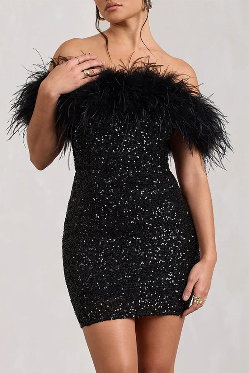 Sexy Solid Sequins Feathers Off the Shoulder Wrapped Skirt Dresses