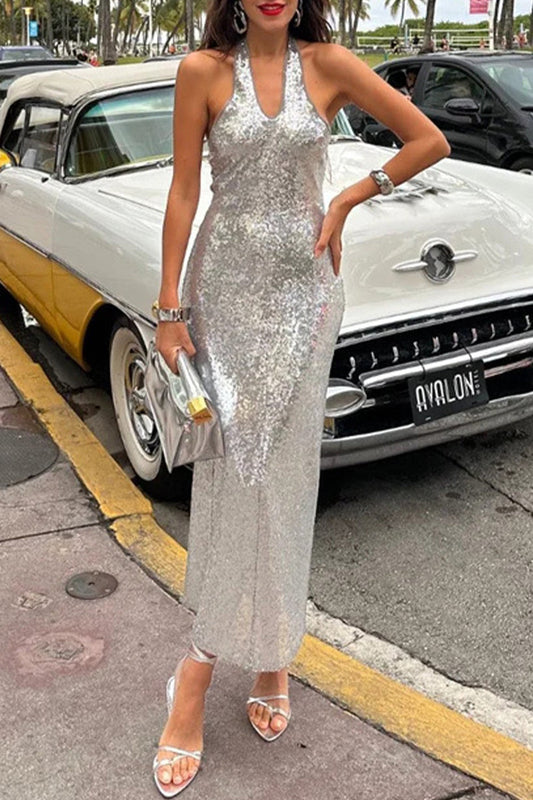 Sexy Solid Sequins Backless Halter One Step Skirt Dresses Silver