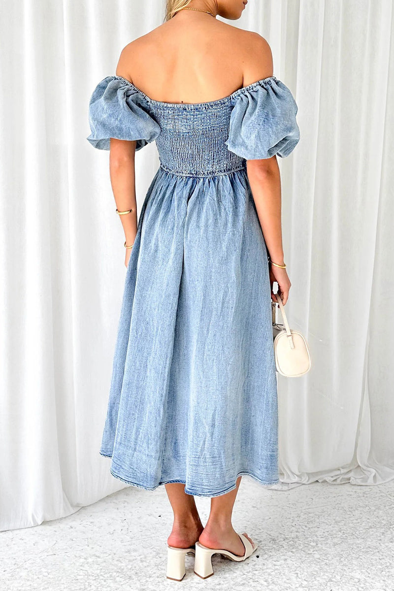 Elegant Solid Fold Off the Shoulder Short Sleeve Denim Dresses