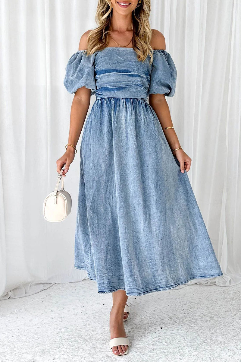 Elegant Solid Fold Off the Shoulder Short Sleeve Denim Dresses The cowboy blue