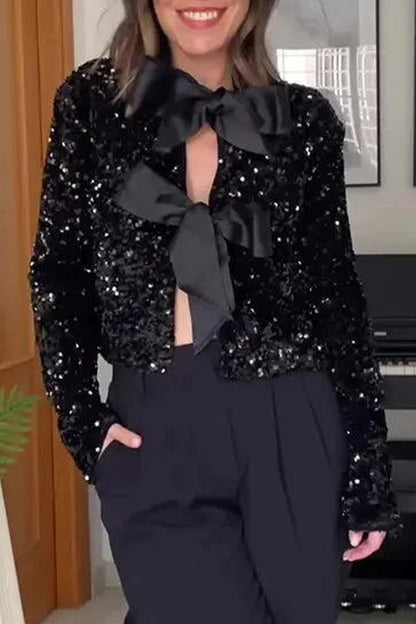 Sexy Solid Sequins With Bow O Neck Outerwear Black