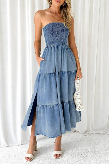 Gradual Change Pocket Slit Strapless Sleeveless Denim Dresses Light Blue