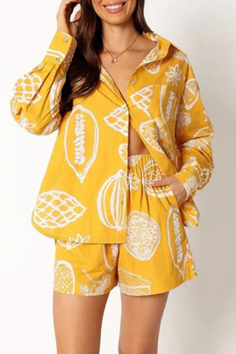 Casual Floral Patchwork Turndown Collar Long Sleeve Two Pieces Yellow