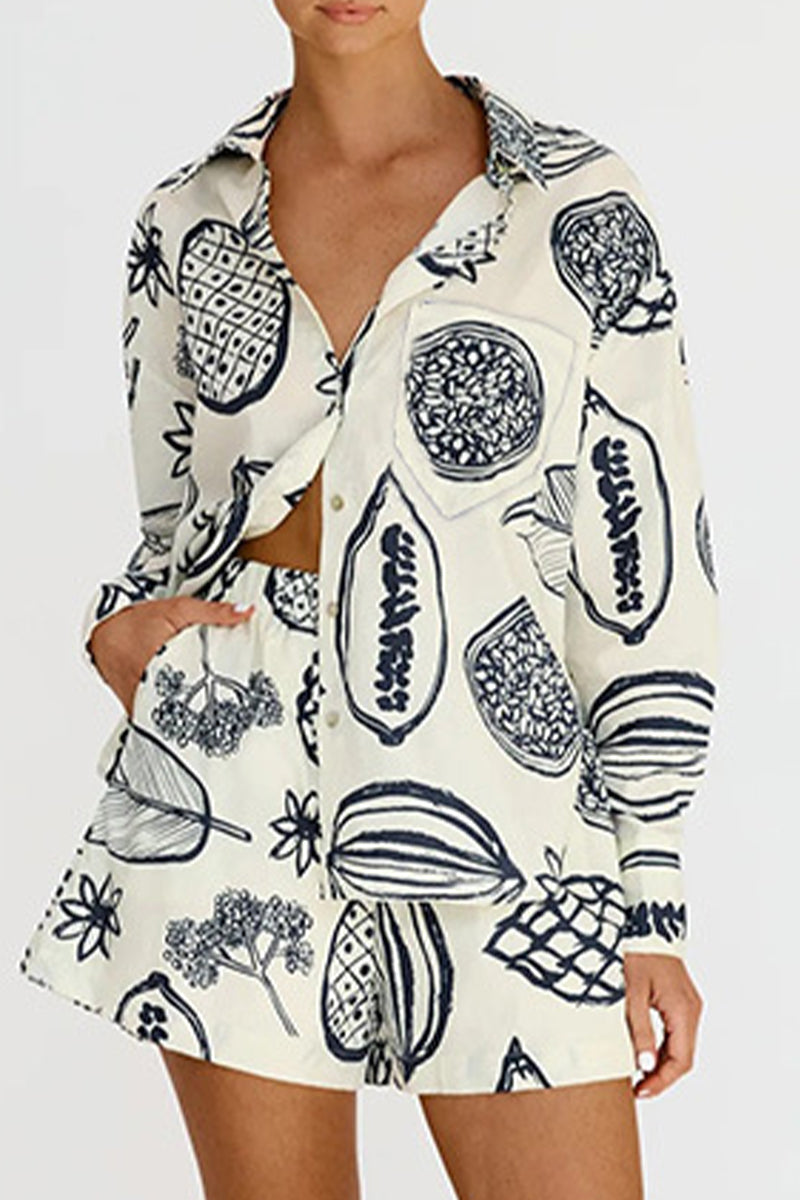 Casual Floral Patchwork Turndown Collar Long Sleeve Two Pieces