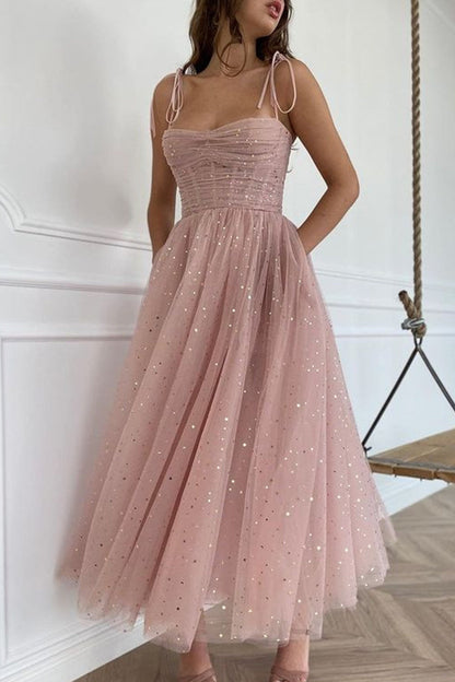 Sweet Sequins Patchwork Mesh Zipper Spaghetti Strap Long Dress Dresses Pink