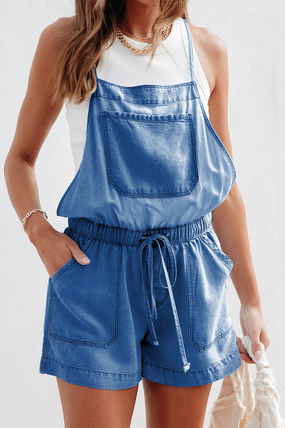 Casual Simplicity Solid Pocket Frenulum Loose Rompers Dark Blue