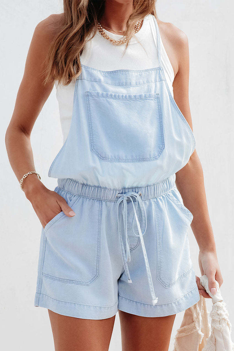 Casual Simplicity Solid Pocket Frenulum Loose Rompers Light Blue