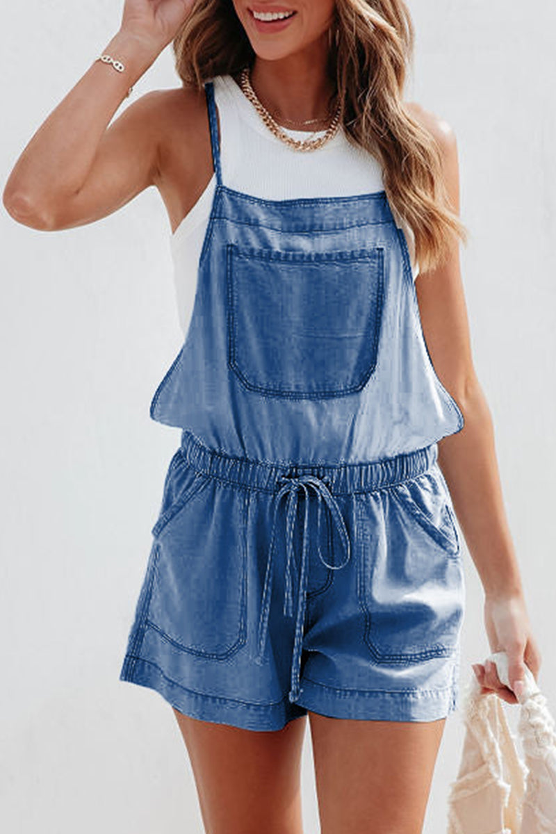 Casual Simplicity Solid Pocket Frenulum Loose Rompers