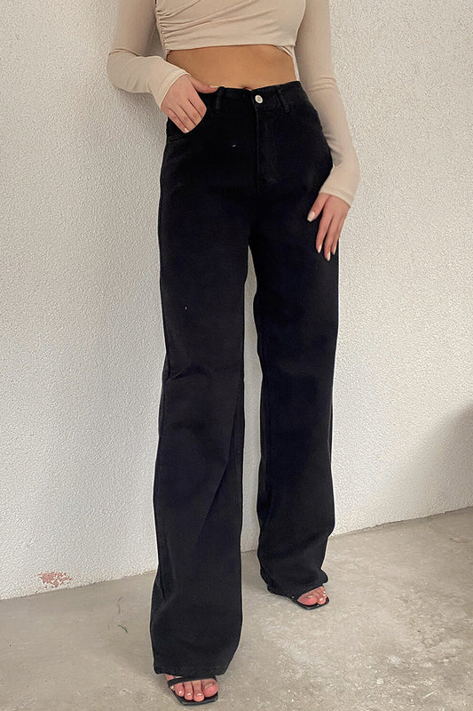 Casual Simplicity Solid Pocket Mid Waist Denim Jeans Black