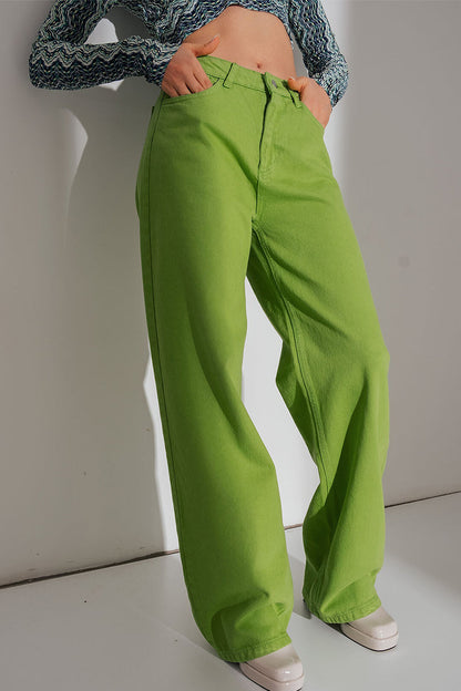 Casual Simplicity Solid Pocket Mid Waist Denim Jeans Green