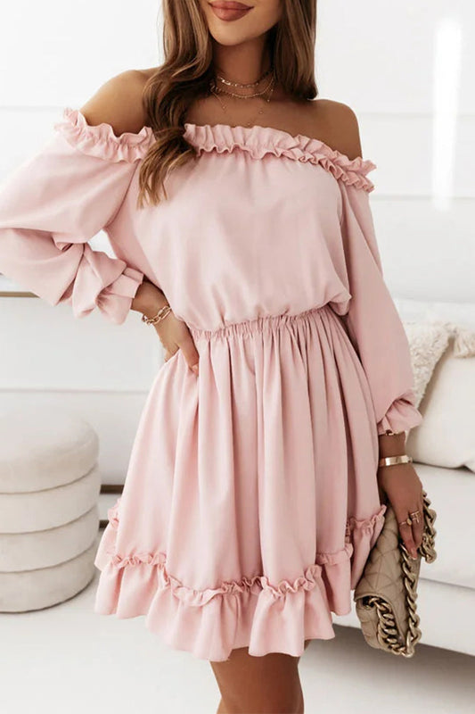 Sweet Solid Flounce Off the Shoulder Princess Dresses Pink