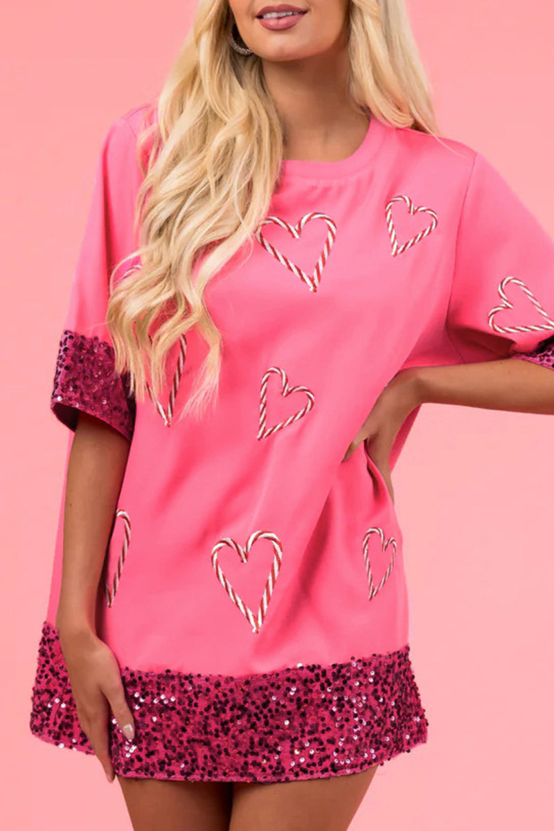 Casual Solid Embroidered Sequins O Neck T-Shirts Pink