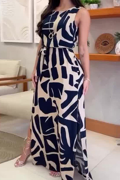 Casual Geometric Print Pocket Frenulum Slit O Neck Sleeveless Dress Dresses