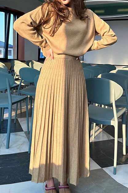 Elegant Solid Fold O Neck Long Sleeve Two Pieces Camel