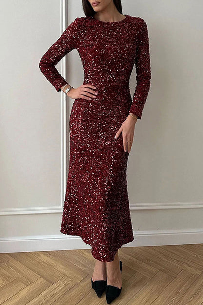 Celebrities Elegant Solid Sequins Sequined O Neck One Step Skirt Dresses(4 Colors) Burgundy