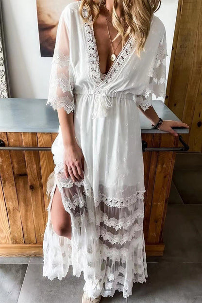 Sexy Vacation Solid Lace Tassel V Neck A Line Dresses White