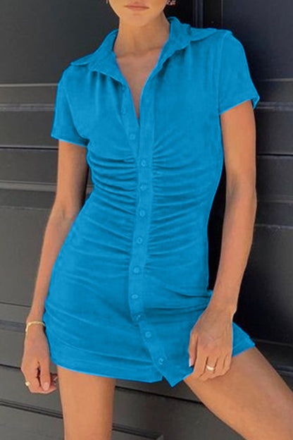 Sexy Solid Fold Turndown Collar Shirt Dress Short Sleeve Dress Blue