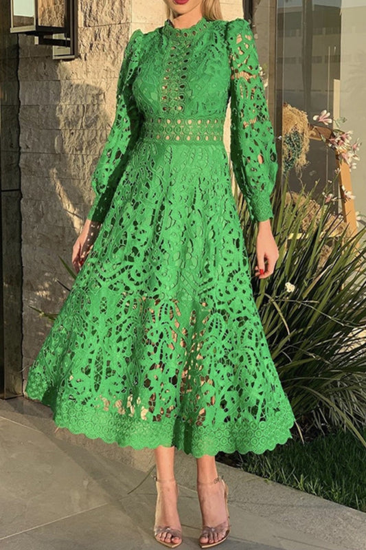 Casual Solid Embroidered Hollowed Out See-through Half A Turtleneck Long Sleeve Dresses Green