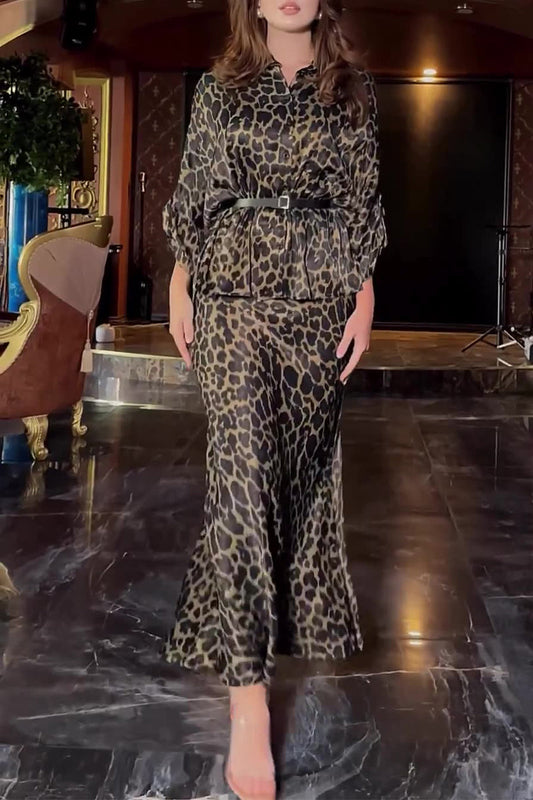 Elegant Leopard With Belt Turndown Collar Long Sleeve Two Pieces Leopard Print