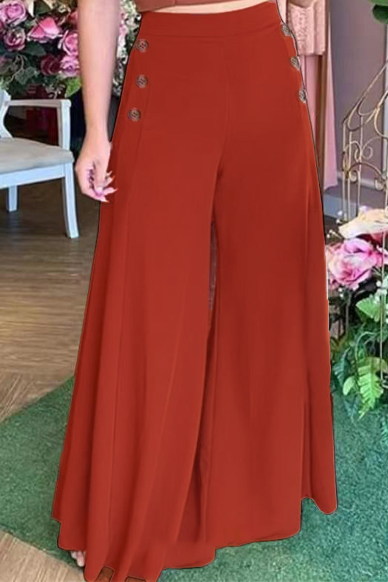 Casual Elegant Solid Buttons Loose Wide Leg Solid Color Bottoms(3 Colors) Burgundy