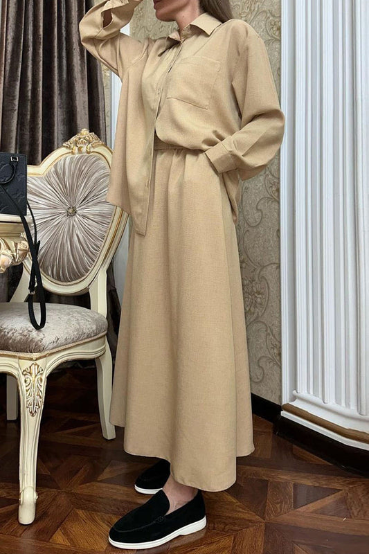 Sweet Elegant Solid Buttons Turndown Collar Long Sleeve Two Pieces Khaki